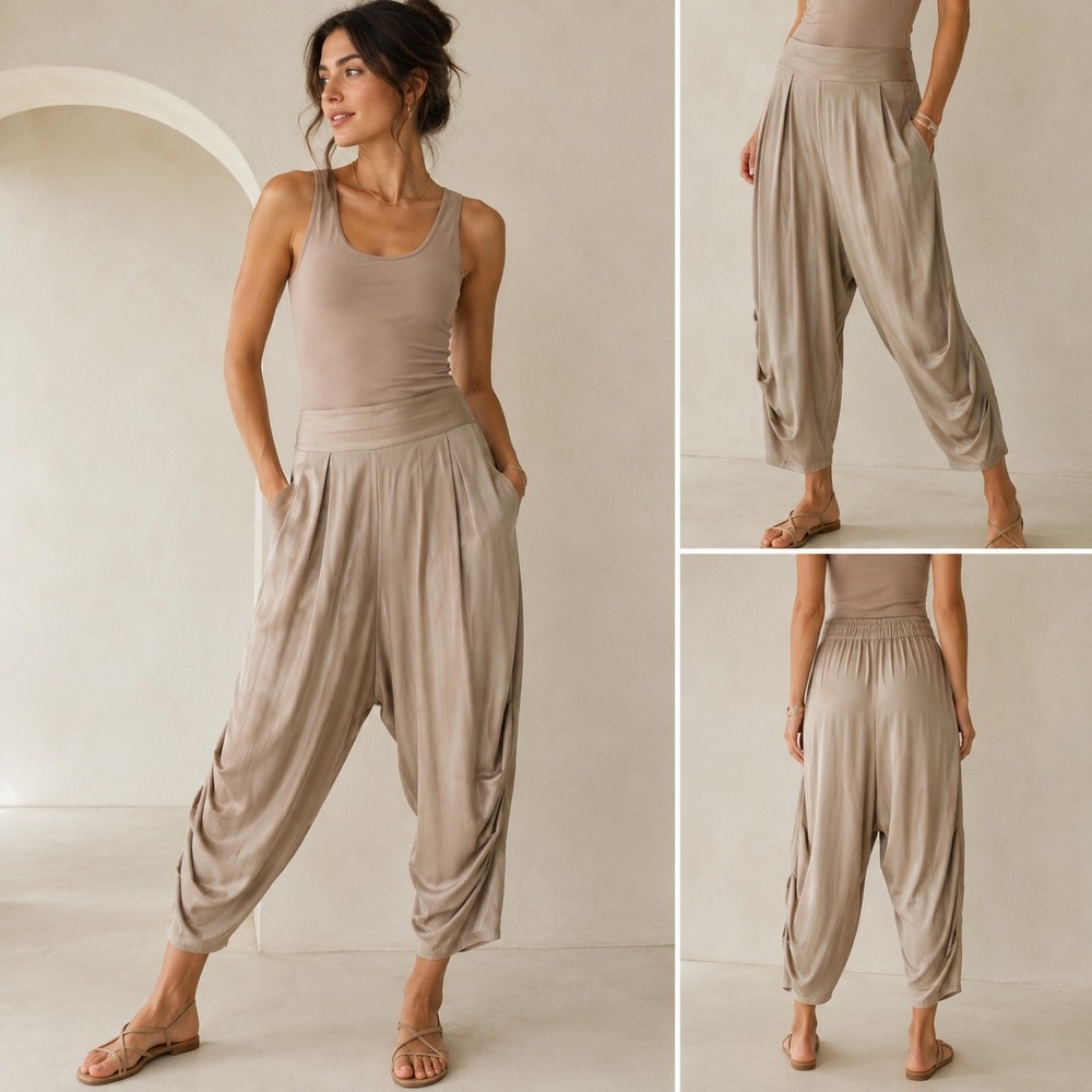 Mulberry Silk Blend Pleated Tapered Harem Pants Women XL Beige Cropped Pockets
